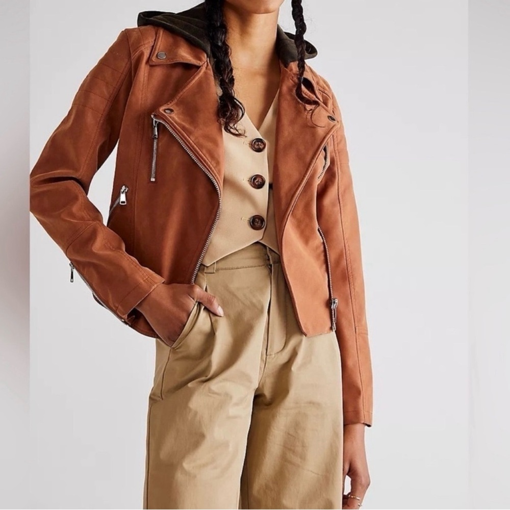 Free People Harriett Vegan Hooded Suede Moto Jacket